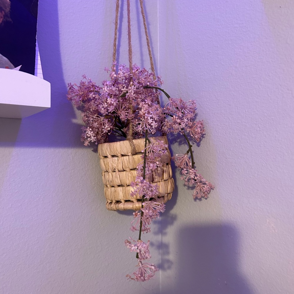 Woven Hanging Basket with Purple Flowers